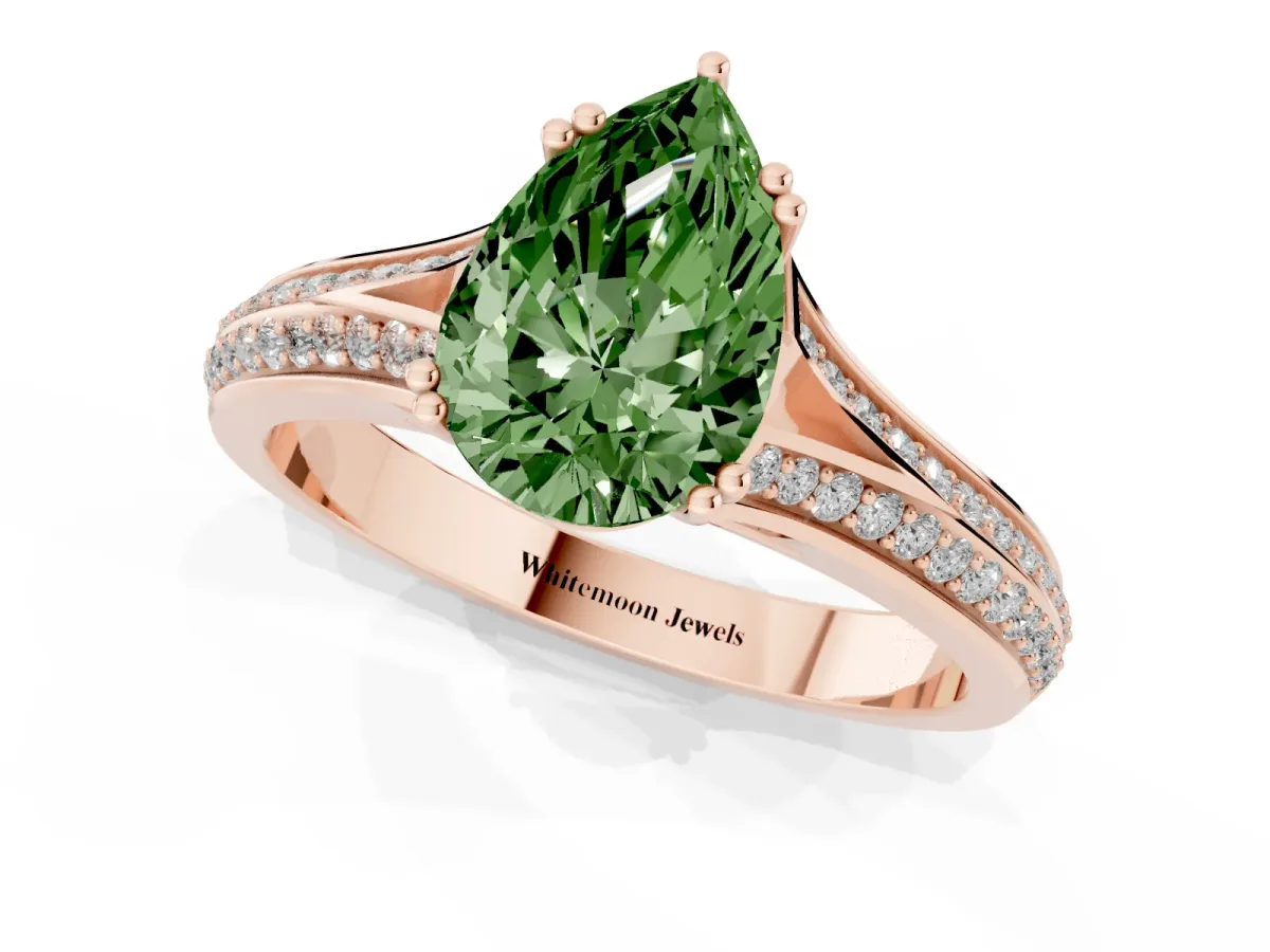Fancy Green Pear Cut Diamond Split Shank Engagement Ring with Pavé Band Rose gold