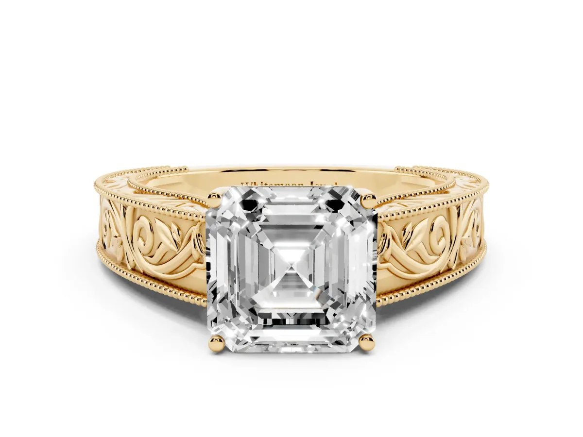 Asscher Cut Diamond Solitaire Ring with Engraved Band and Four-Prong Setting Yellow gold