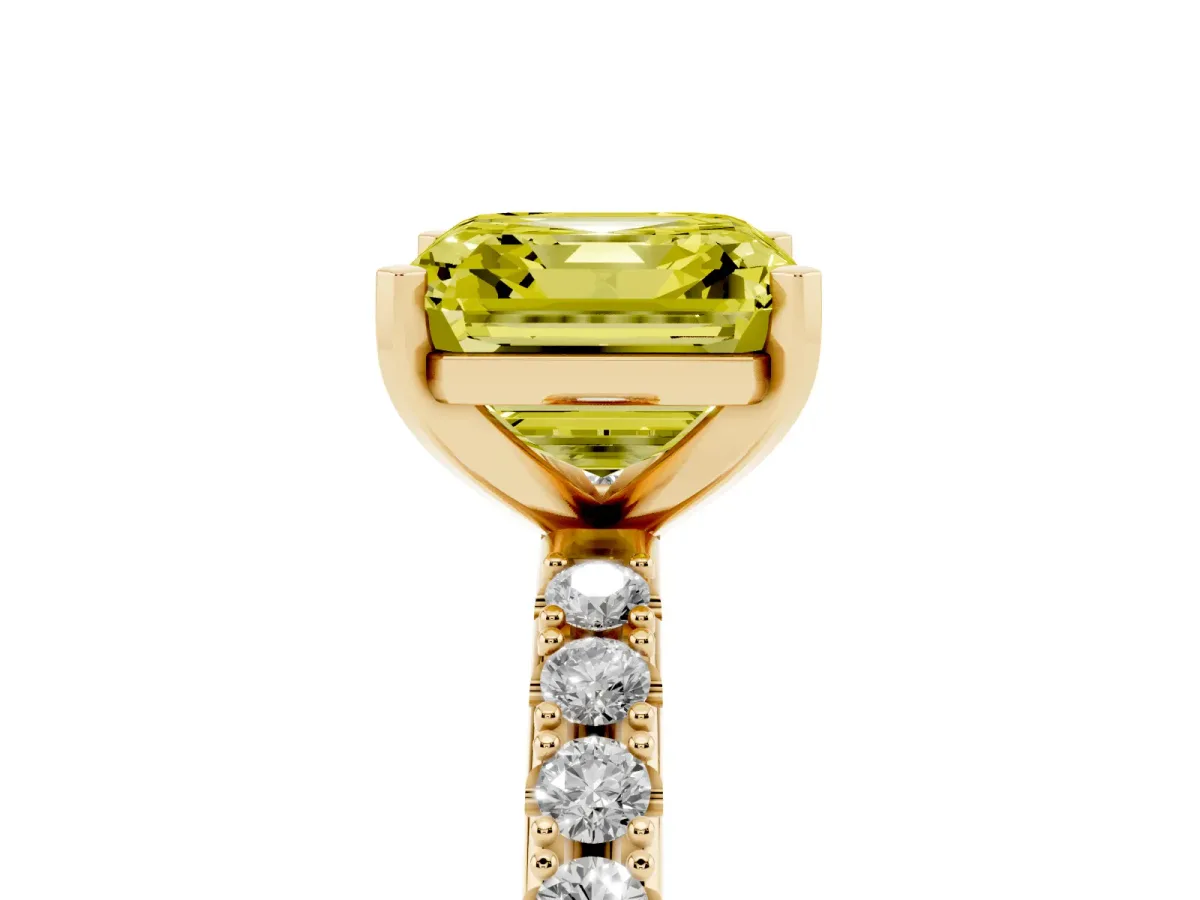 Fancy Yellow Asscher Cut Diamond Solitaire Pavé Band with Four-Prong Setting Yellow gold