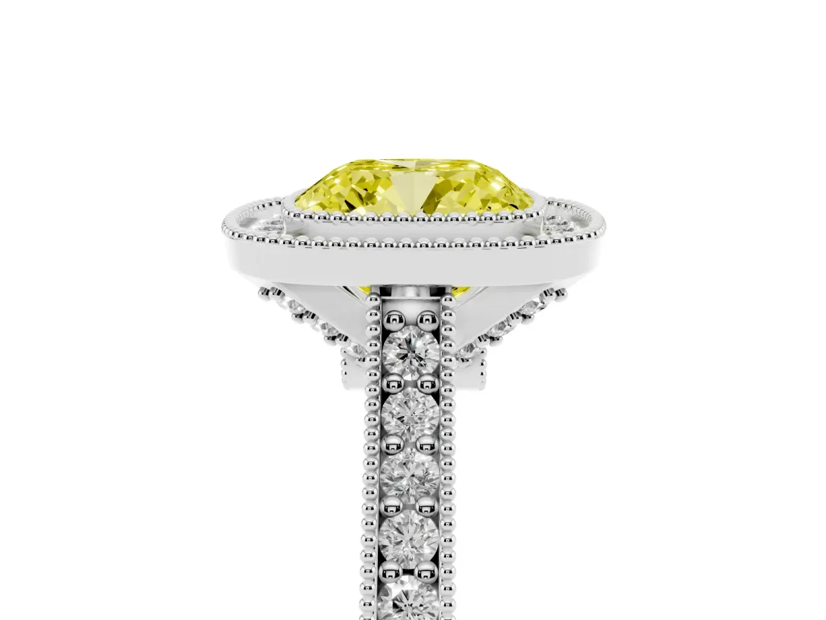Fancy Yellow Halo Cushion Cut-Cut Diamond Pave Band Milgrain Prong Setting Ring Silver