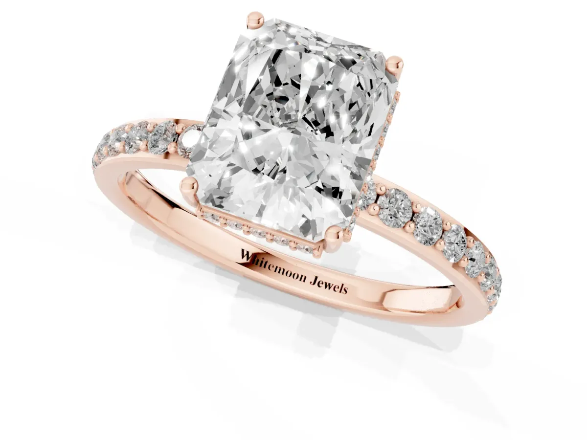 Radiant Cut Diamond Solitaire Ring with Pavé Band and Hidden Halo Rose gold