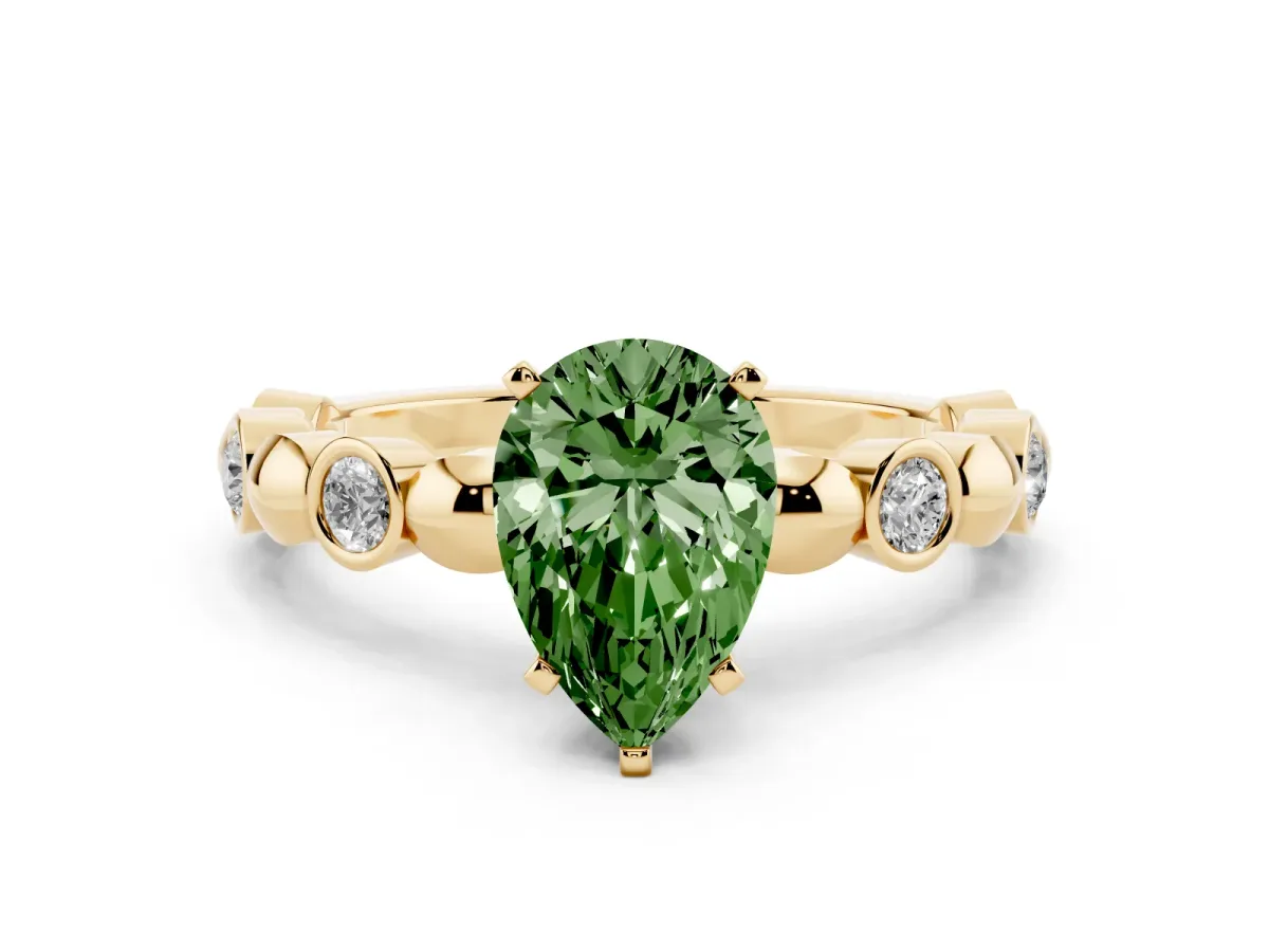 Fancy Green Pear Cut Solitaire Bezel-Set Diamond Ring with Beaded Band and Four-Prong Setting Yellow gold