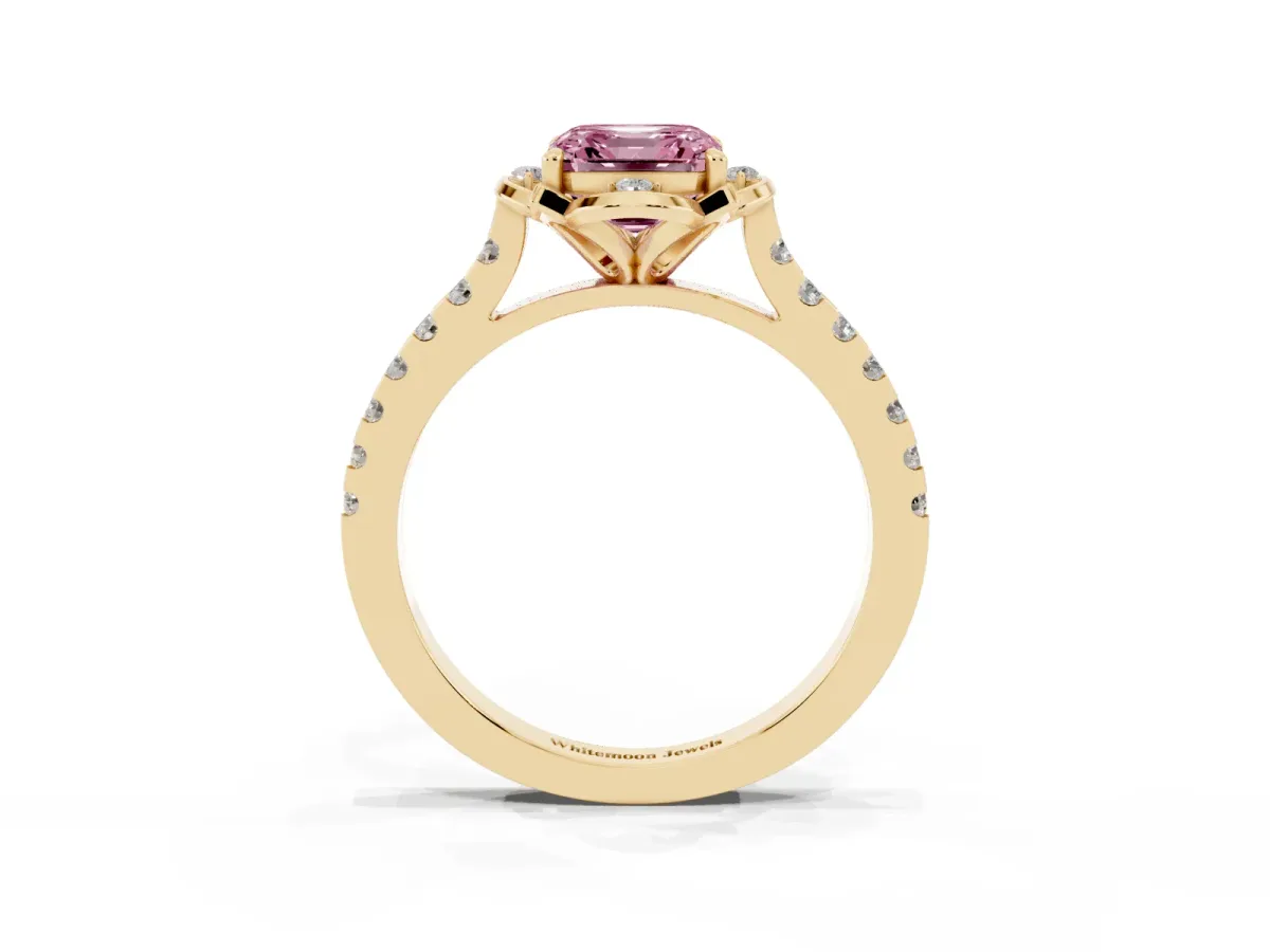Fancy Pink Asscher Cut Diamond Ring with Pavé Band and Floral Prong Setting Yellow gold