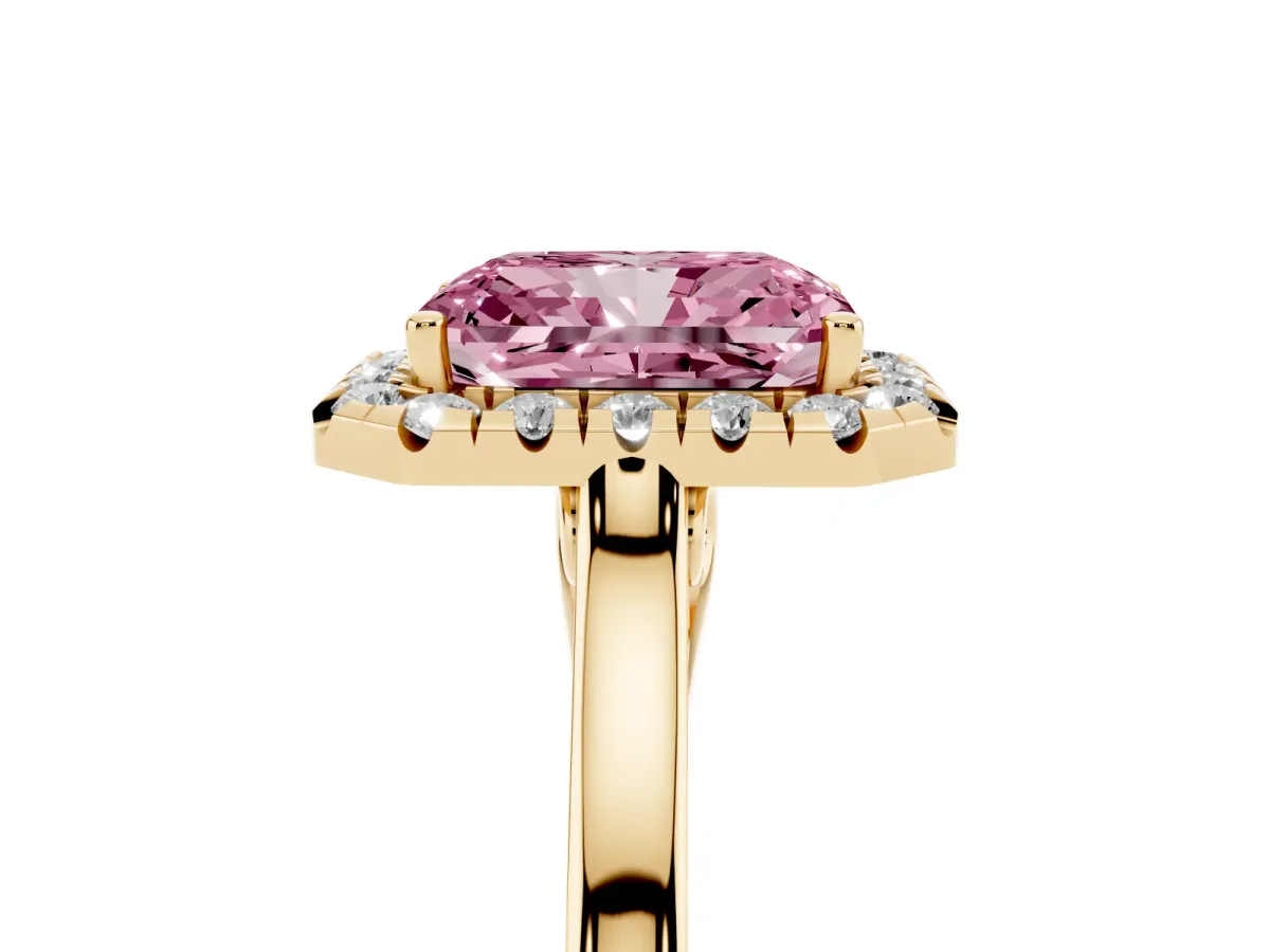 Fancy Pink Radiant Cut Halo Round Diamond Solitaire Ring with Pavé Band and Four-Prong Setting Yellow gold