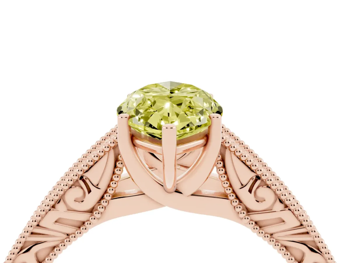 Fancy Yellow Marquise Cut Diamond Solitaire Ring with Engraved Band and Four-Prong Setting Rose gold