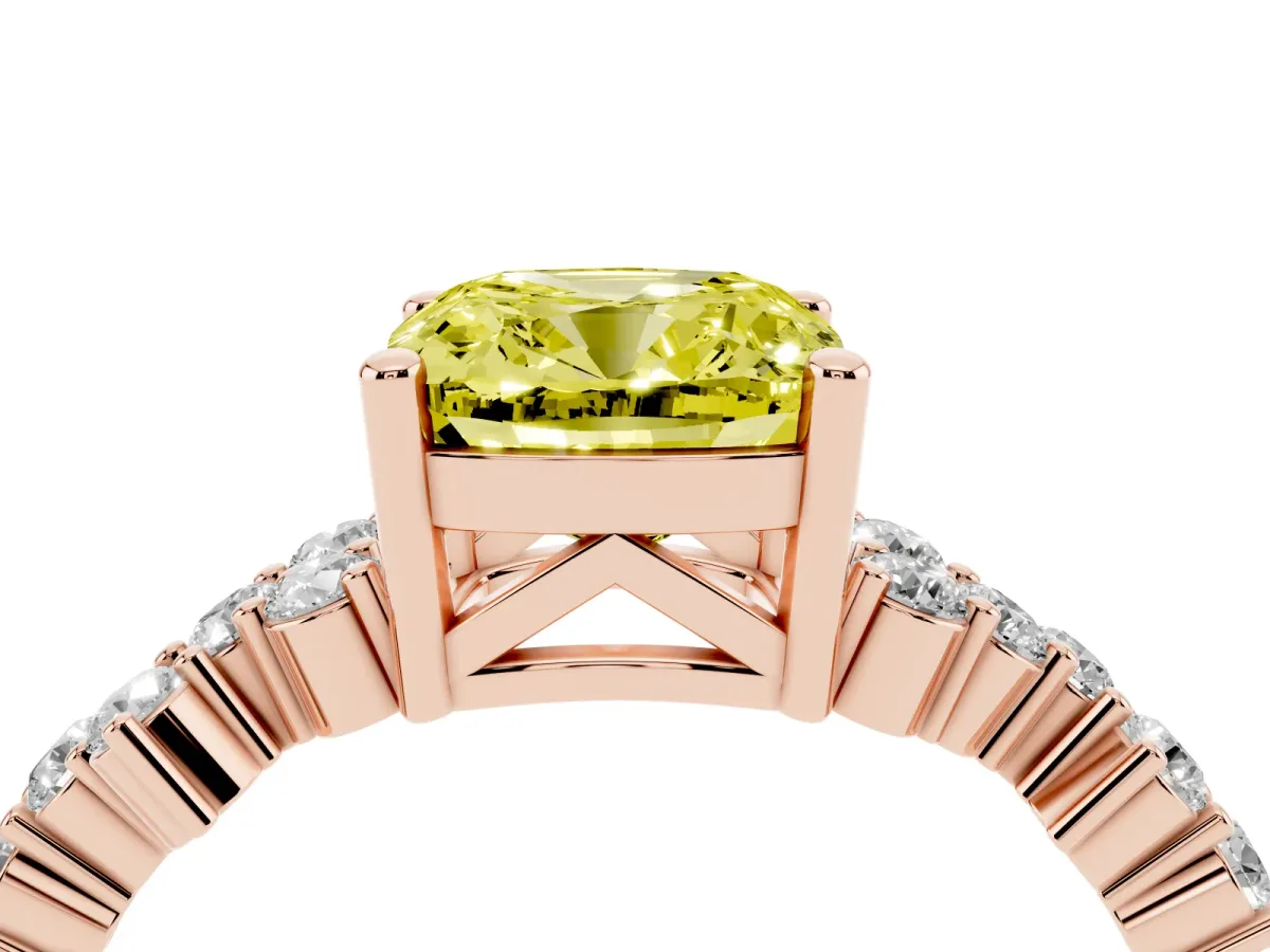 Fancy Yellow Cushion Cut Diamond Scattered Round Accent Ring with Prong Setting Rose gold