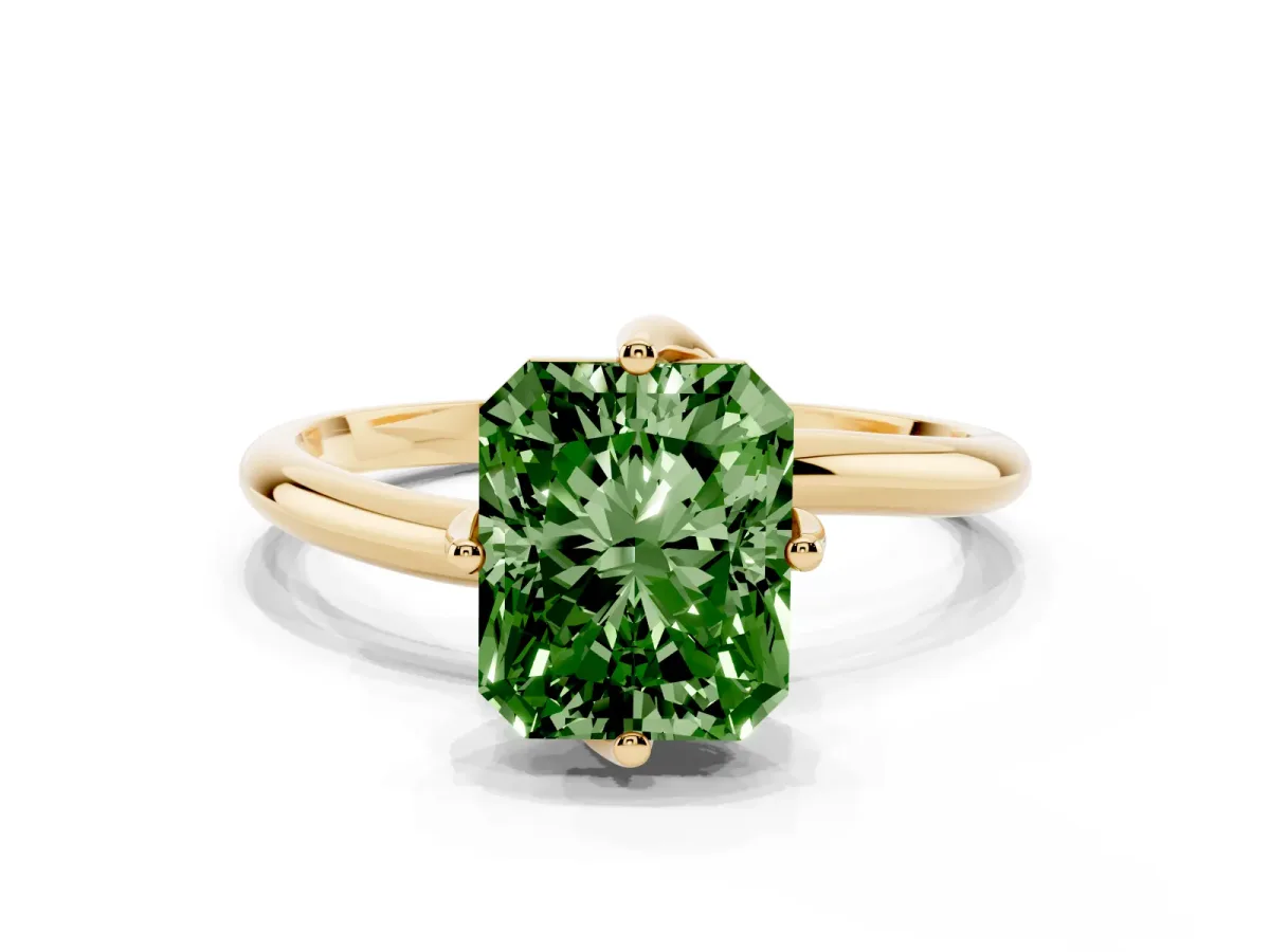 Fancy Green Radiant Cut Diamond Solitaire Engagement Ring with Four-Prong Setting and Classic Band Yellow gold