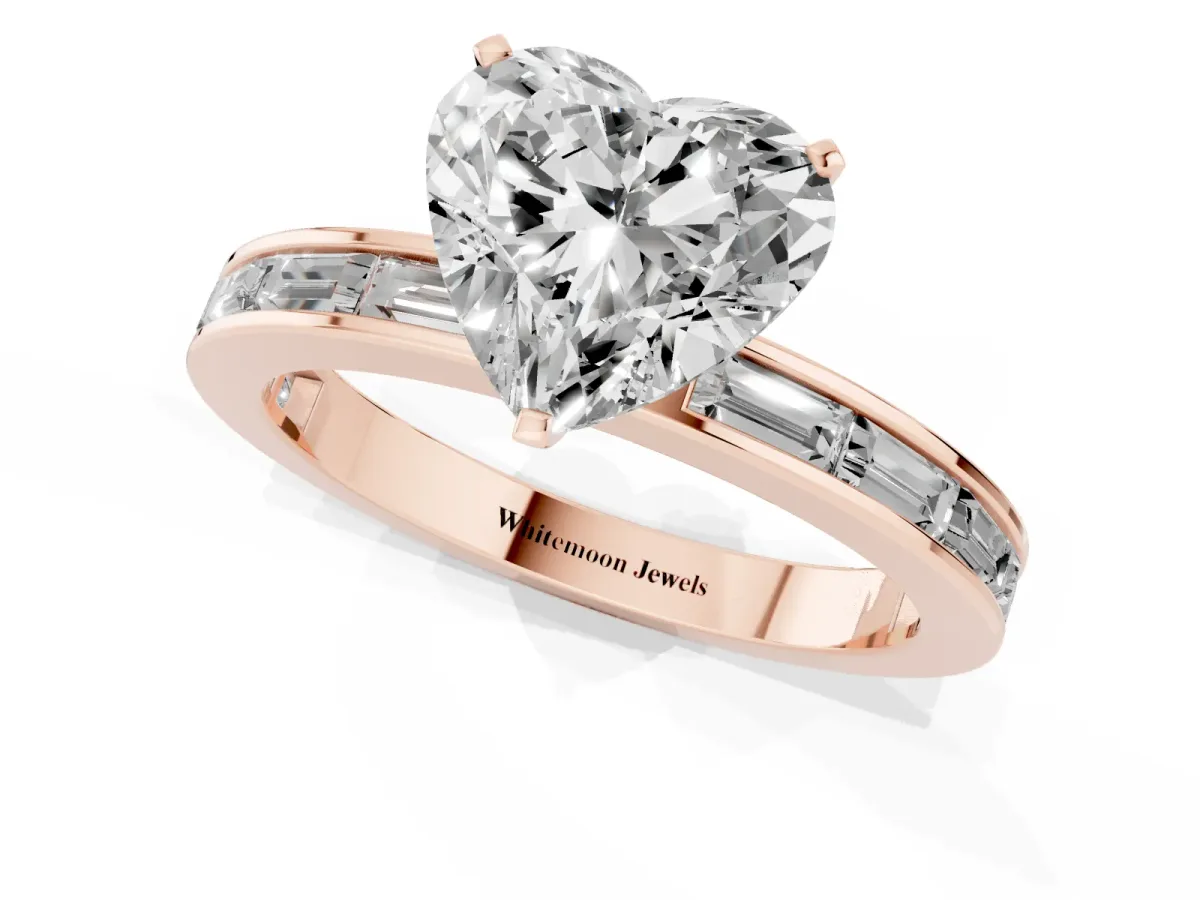 Heart Cut Solitaire Diamond Ring with Channel-Set Baguette Band and Four-Prong Setting Rose gold