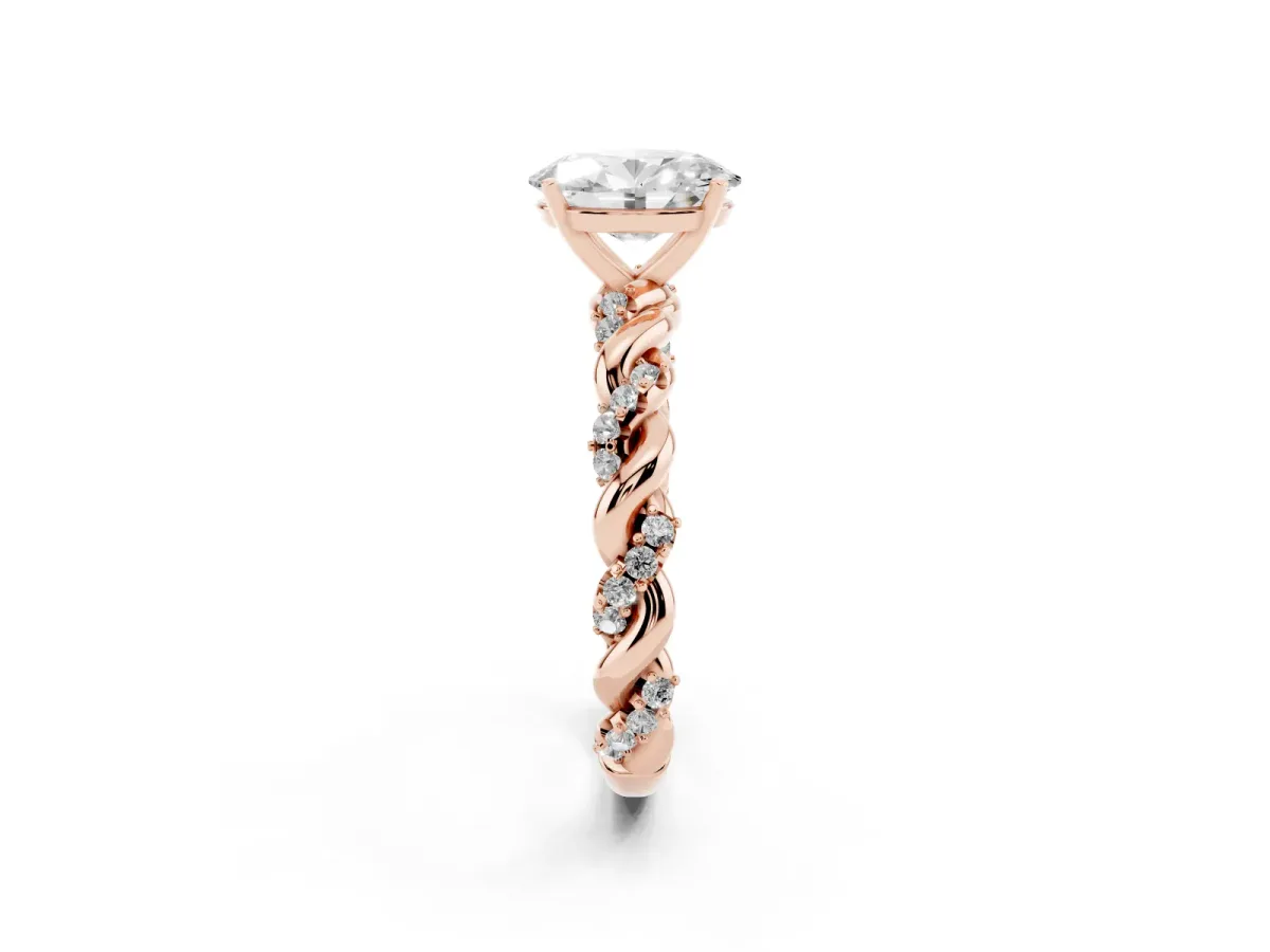 Oval Cut Diamond Solitaire Ring with Twisted Band and Pavé Accents Rose gold