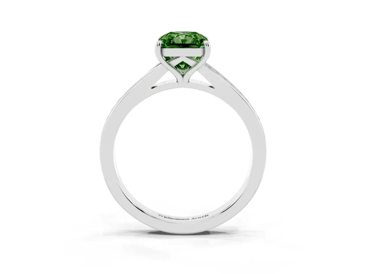 Fancy Green Radiant Cut Diamond Solitaire Ring with Pavé Band and Prong Setting Silver