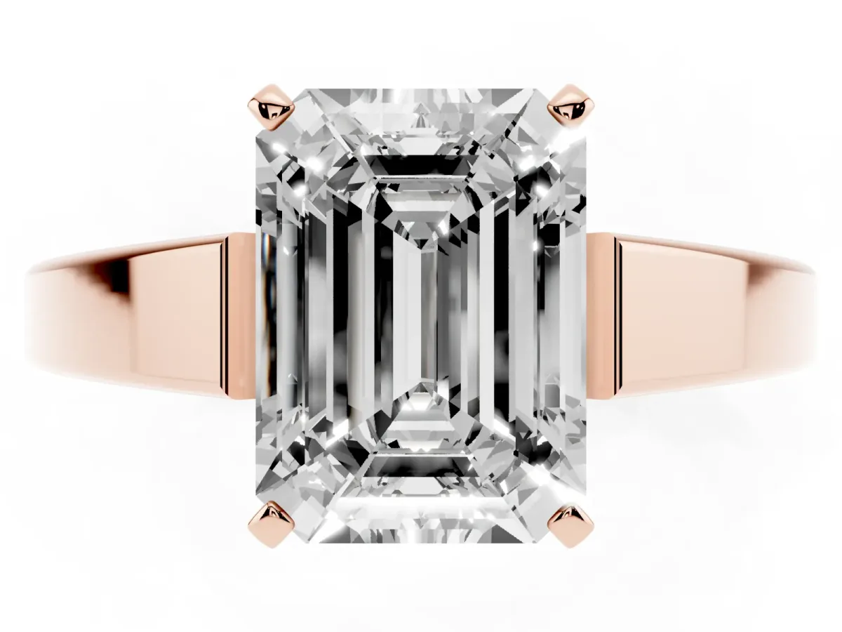 Emerald Cut Solitaire Engagement Ring with Four-Prong Setting and Tapered Band Rose gold