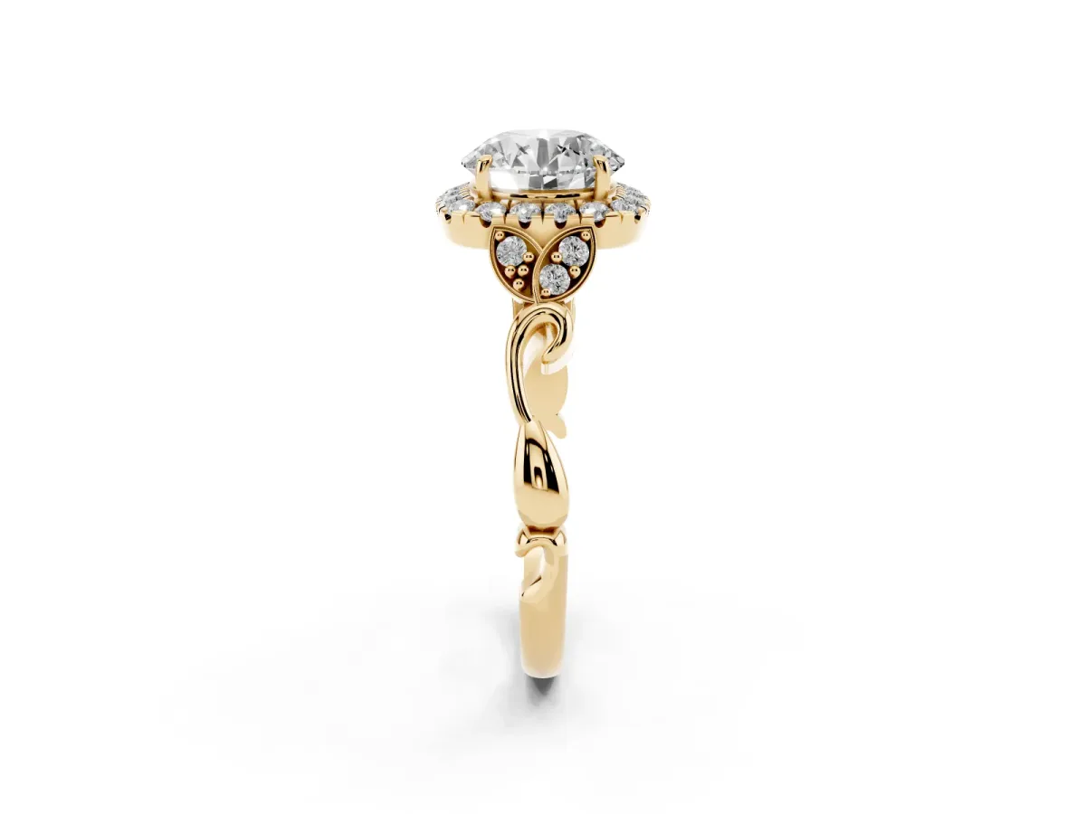 Round Cut Halo Diamond Engagement Ring with Vintage-Inspired Band and Four-Prong Setting Yellow gold