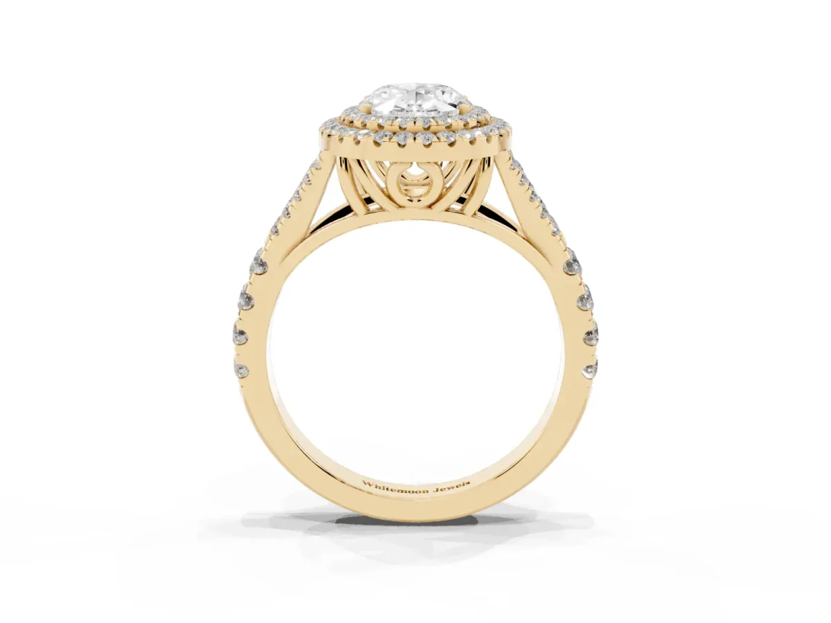Oval Cut Diamond Pavé Split Shank Double Halo Engagement Ring Yellow gold