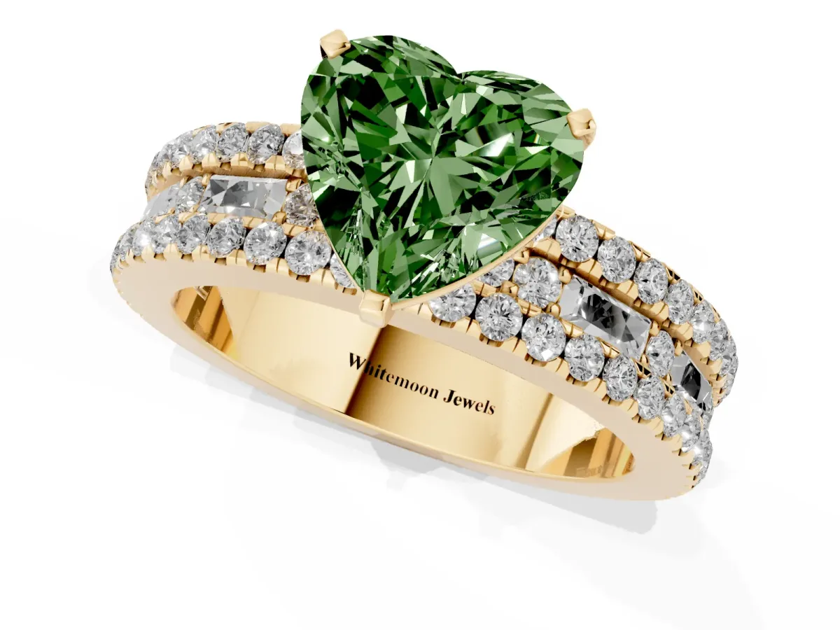 Fancy Green Heart Cut Diamond Solitaire Ring with Pavé and Channel Set Band Yellow gold