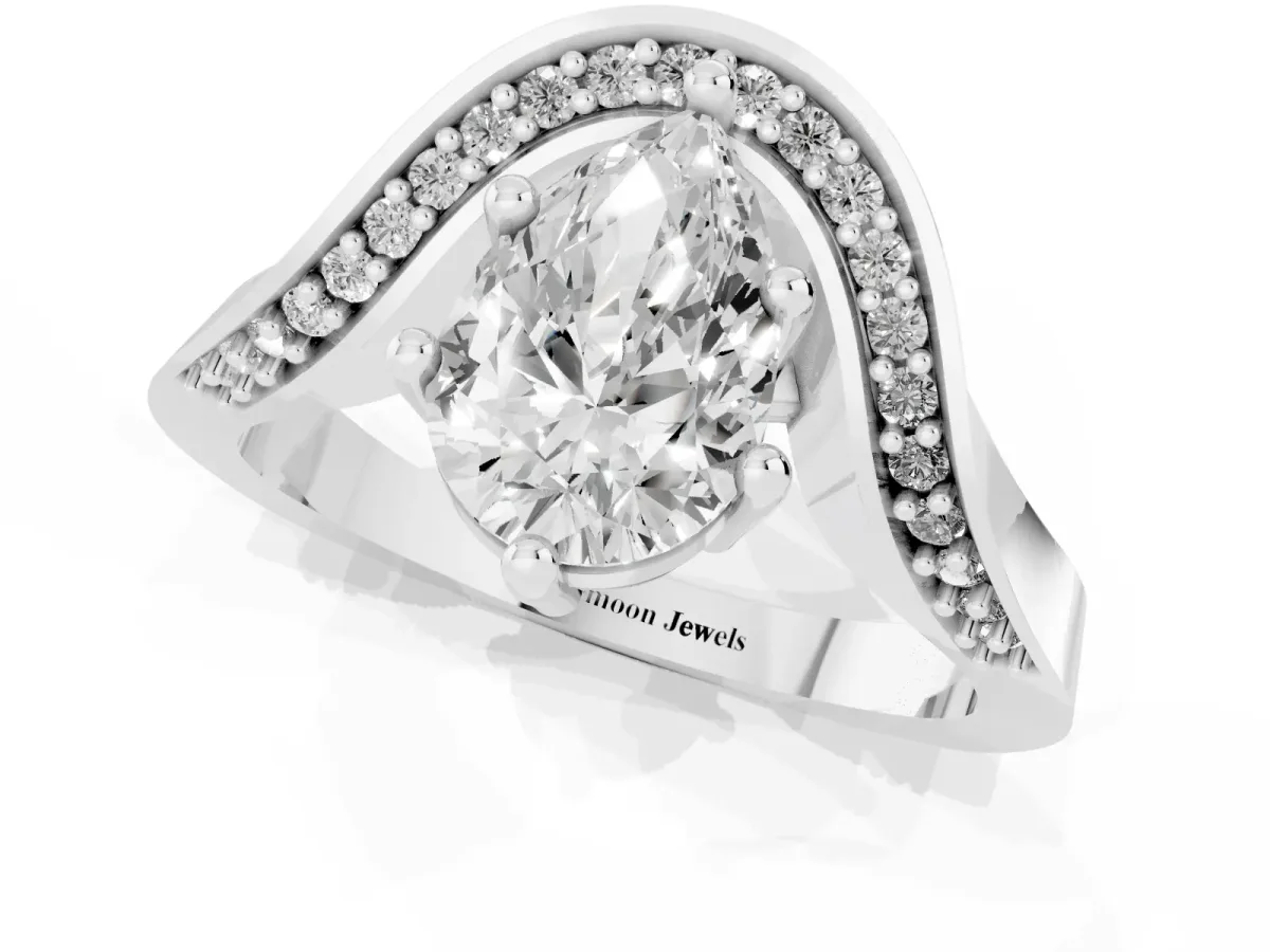 Pear Cut Solitaire Diamond Engagement Ring with Pave Band and Four-Prong Setting White gold