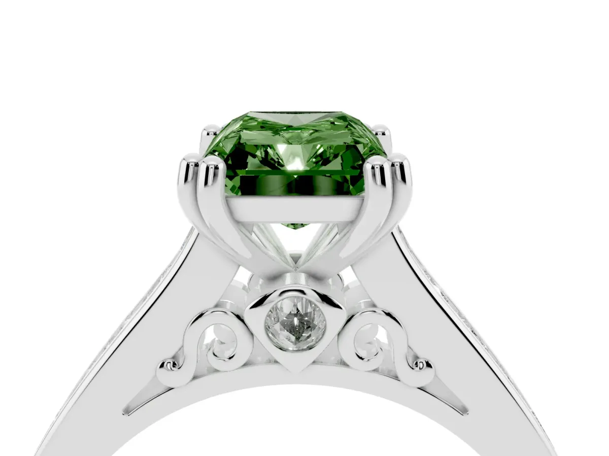 Fancy Green Radiant Cut Cut Channel Set Solitaire Engagement Ring with Prong Setting Silver