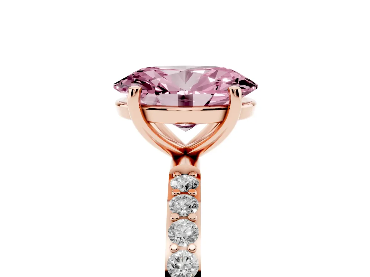 Fancy Pink Oval Cut Diamond Solitaire Ring with Round Pavé Shoulders and Prong Setting Rose gold
