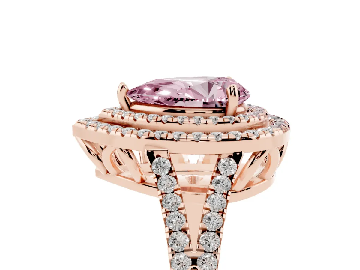 Fancy Pink Pear Cut Diamond Double Halo Ring with Pavé Band and Prong Setting Rose gold