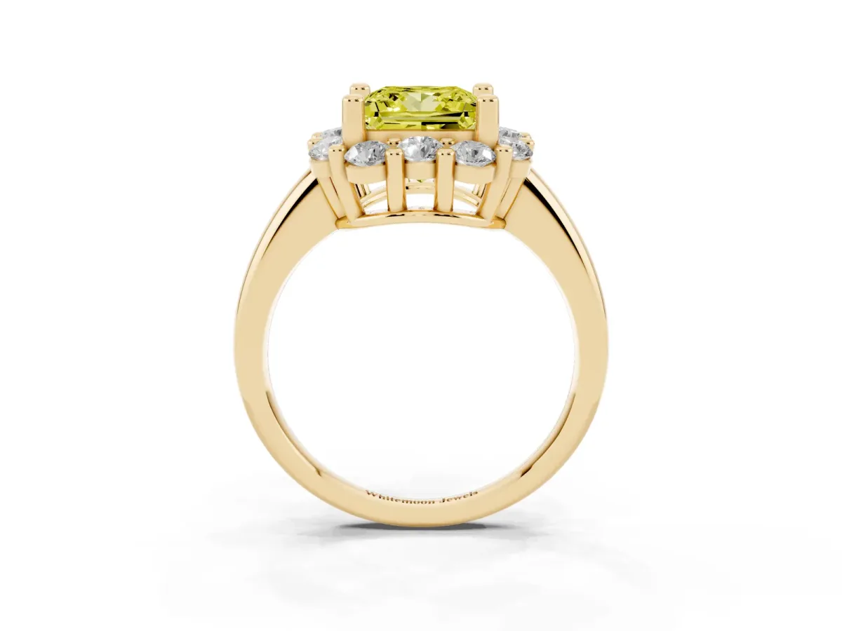 Fancy Yellow Princess Cut Halo Cluster Diamond Engagement Ring with Prong Setting and Polished Band Yellow gold