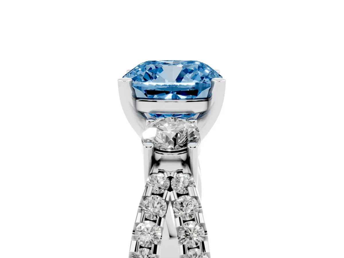 Fancy Blue Cushion Cut Diamond Three-Stone Ring with Pavé Split Shank and Four-Prong Setting Silver