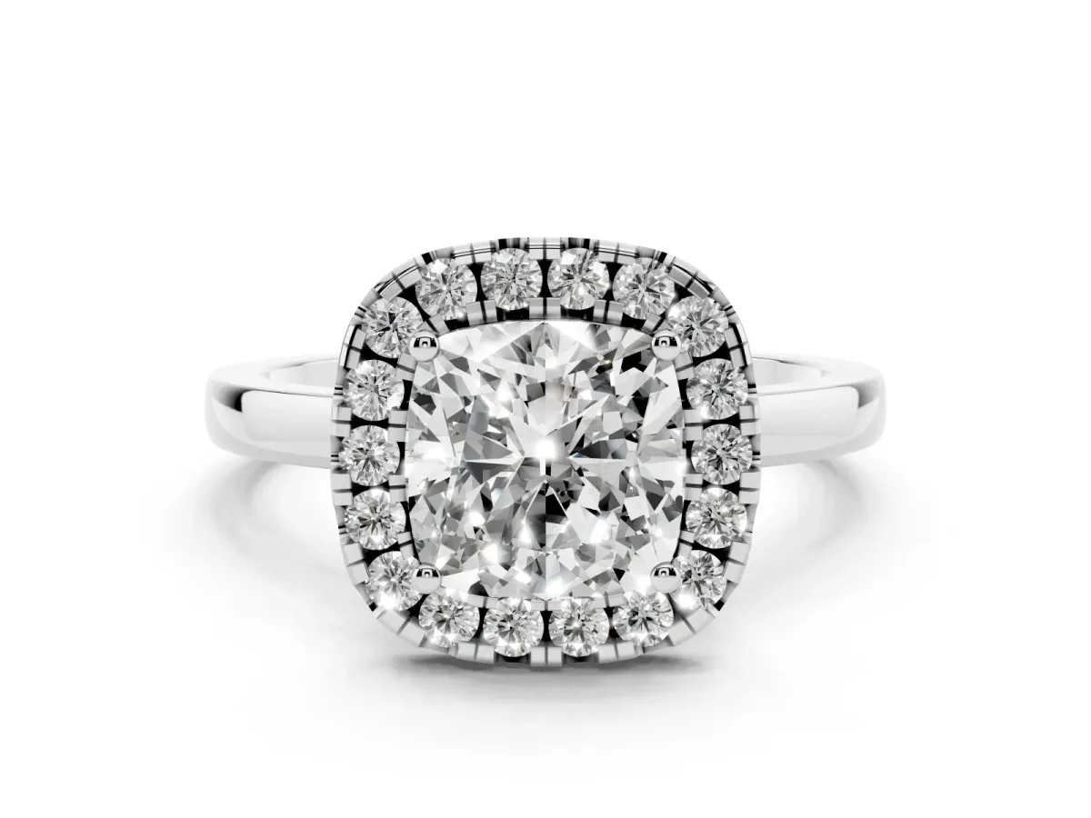 Cushion Cut Halo Diamond Solitaire with Pavé Band and Four-Prong Setting White gold