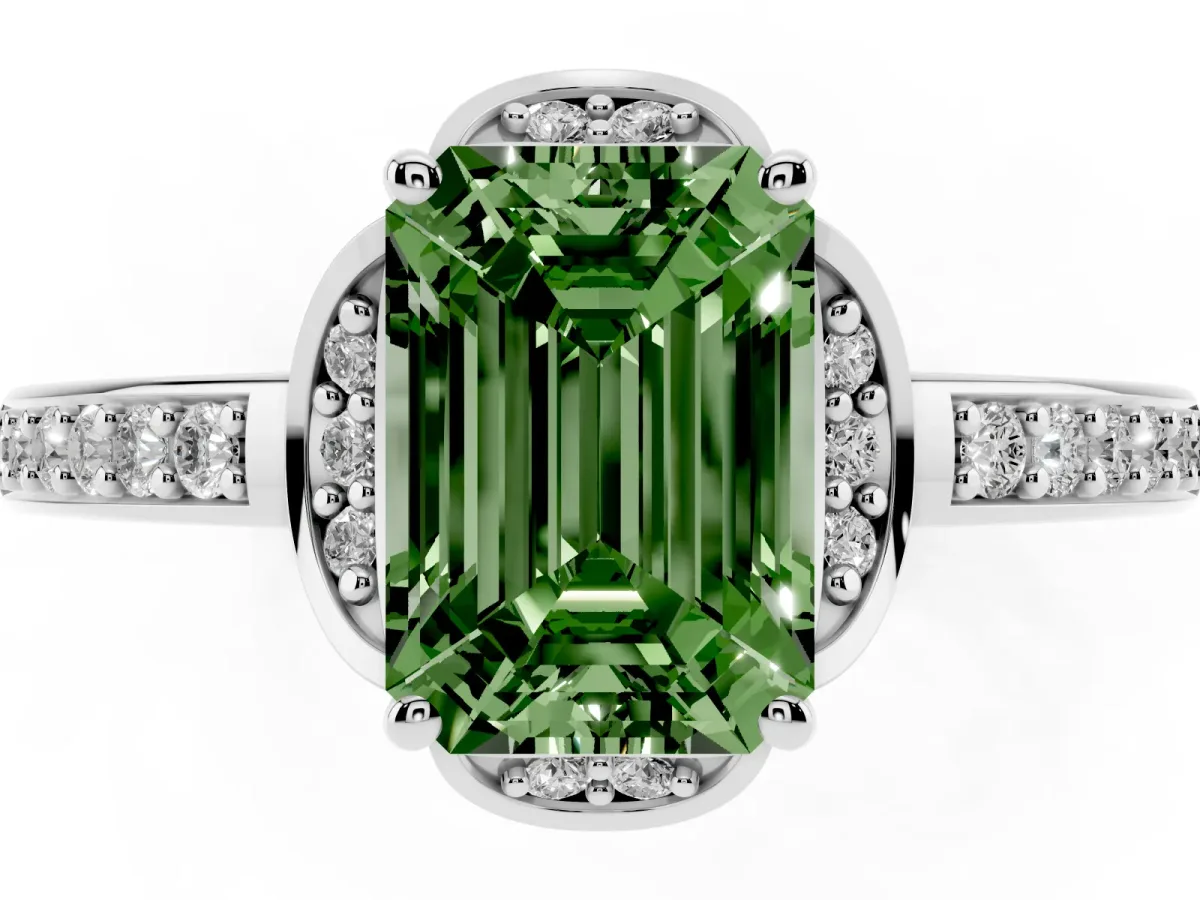 Fancy Green Emerald Cut Cut Halo Diamond Ring with Channel Set Band and Four-Prong Setting Platinum