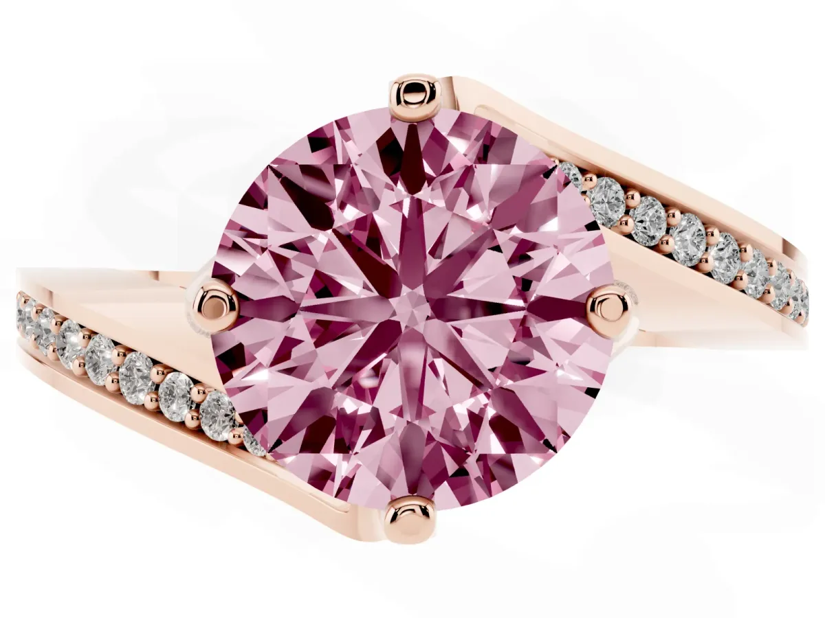 Fancy Pink Round Cut Solitaire Diamond Twist Band with Pavé Setting and Four-Prong Setting Rose gold
