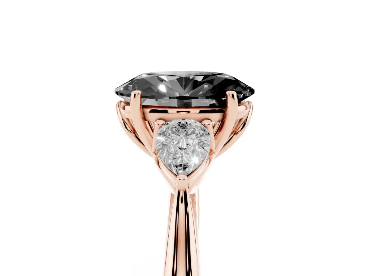 Fancy Black Three-Stone Oval Cut Brilliant Diamond Solitaire Ring with Tapered Band and Four-Prong Setting Rose gold