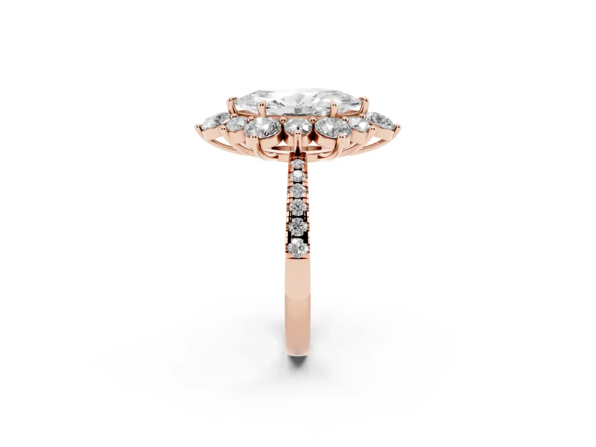 Marquise Cut Diamond Floral Halo Ring with Round Pavé Band and Prong Setting Rose gold