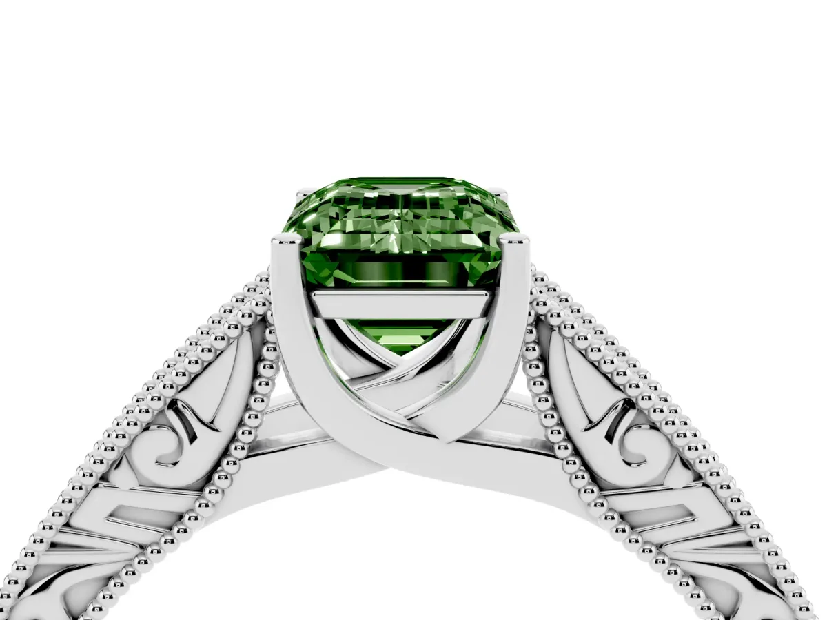 Fancy Green Emerald Cut Diamond Solitaire Ring with Engraved Band and Four-Prong Setting White gold