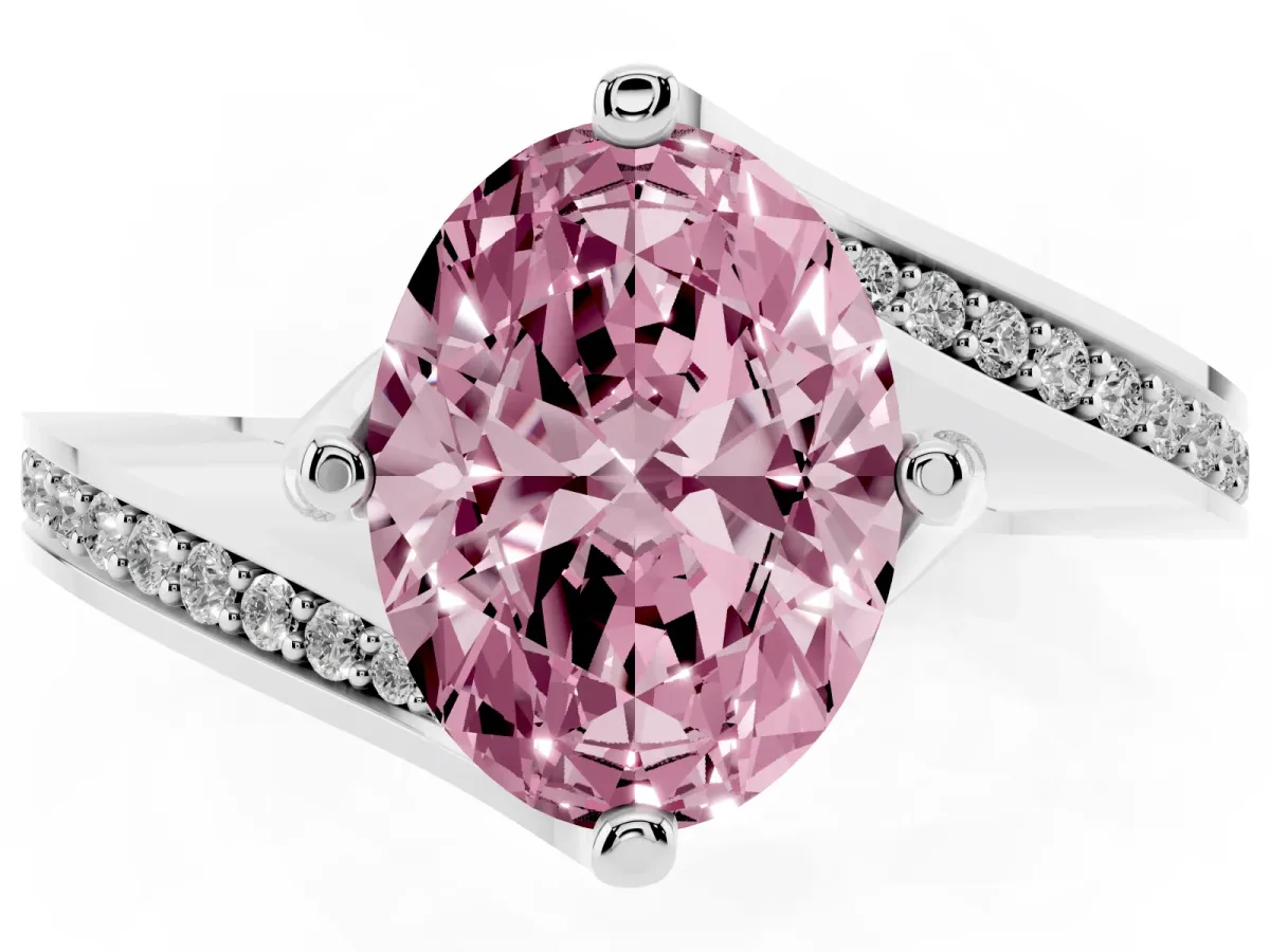 Fancy Pink Oval Cut Solitaire Diamond Twist Band with Pavé Setting and Four-Prong Setting Silver