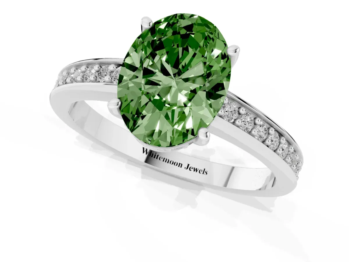 Fancy Green Oval Cut Solitaire Pavé Band Prong Setting Ring Silver