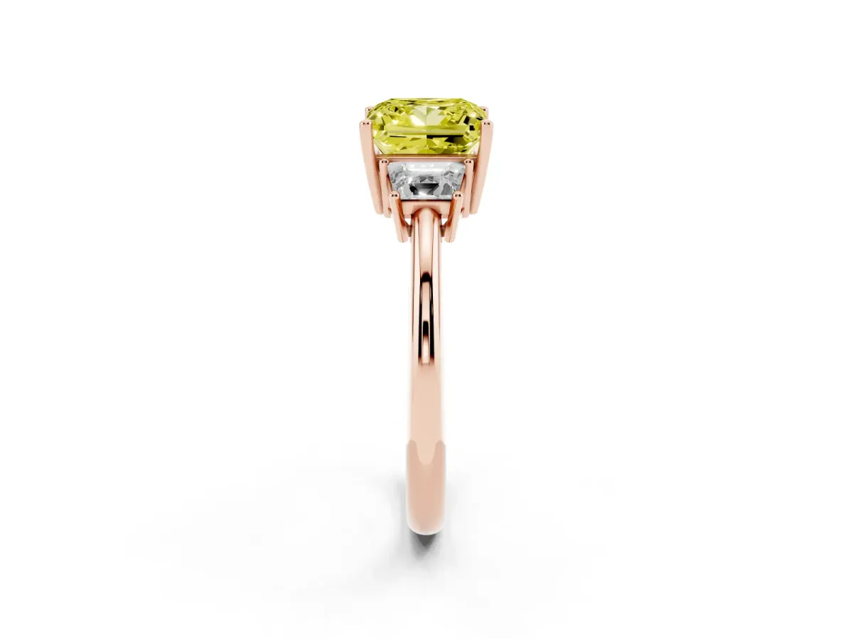 Fancy Yellow Princess Cut Diamond Three-Stone Ring with Trapezoid Side Stones and Prong Setting Rose gold