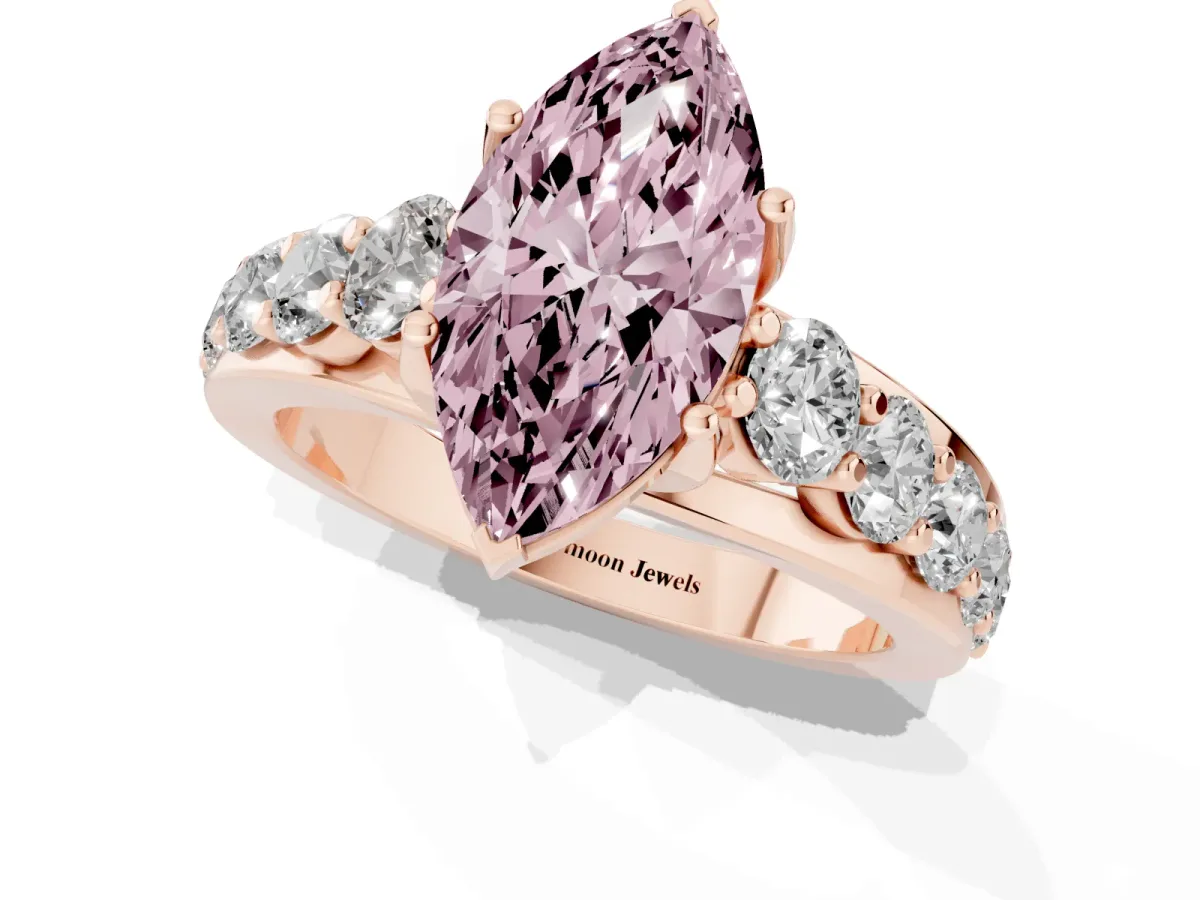 Fancy Pink Marquise Cut Diamond Engagement Ring with Pavé Band and Four-Prong Setting Rose gold