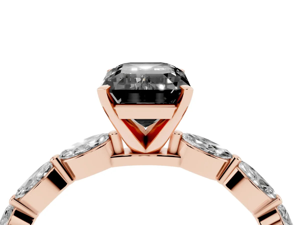 Fancy Black Emerald Cut Diamond Ring with Marquise Side Stones and Prong Setting Rose gold