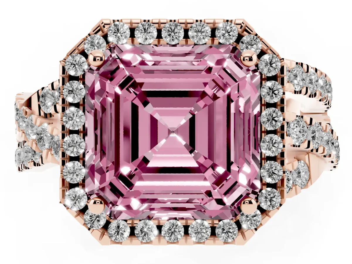 Fancy Pink Asscher Cut Diamond Halo Ring with Round Split Shank and Prong Setting Rose gold