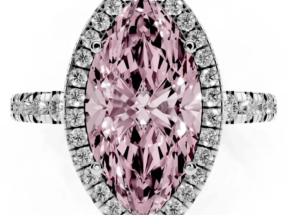 Fancy Pink Marquise Cut Diamond Halo Ring with Pavé Band and Four-Prong Setting White gold
