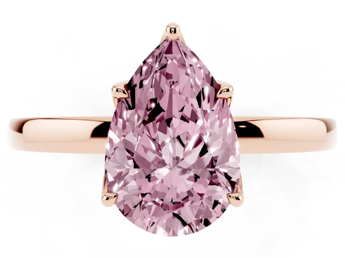 Fancy Pink Pear Cut Diamond Solitaire Ring with Thin Band and Prong Setting Rose gold