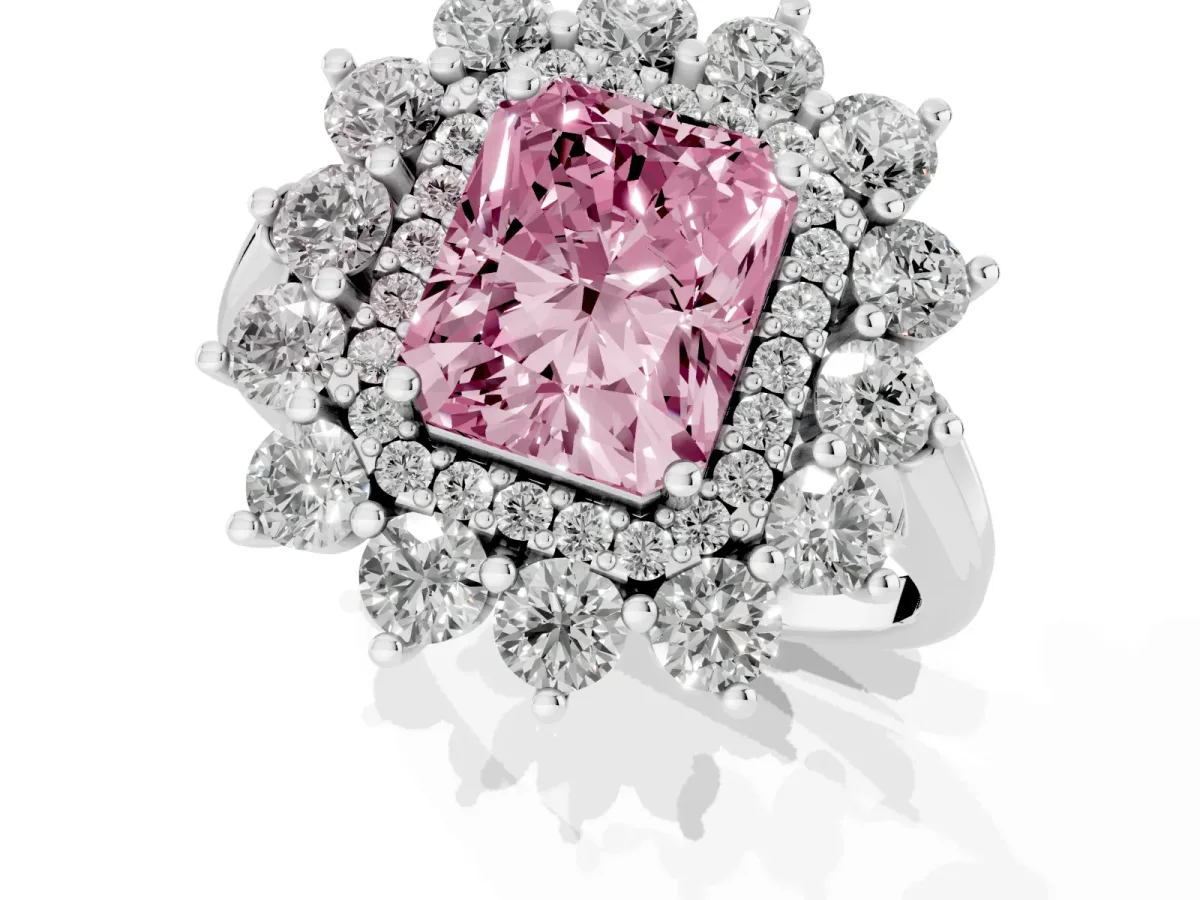 Fancy Pink Radiant Cut Diamond Floral Double Halo Engagement Ring with Prong Setting Silver