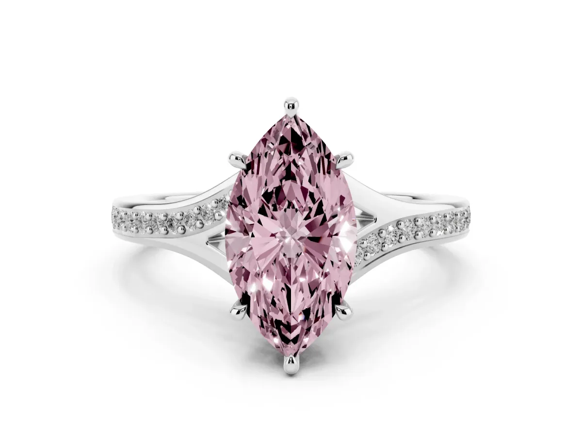 Fancy Pink Marquise Cut Diamond Solitaire Ring with Pavé Band and Prong Setting Silver