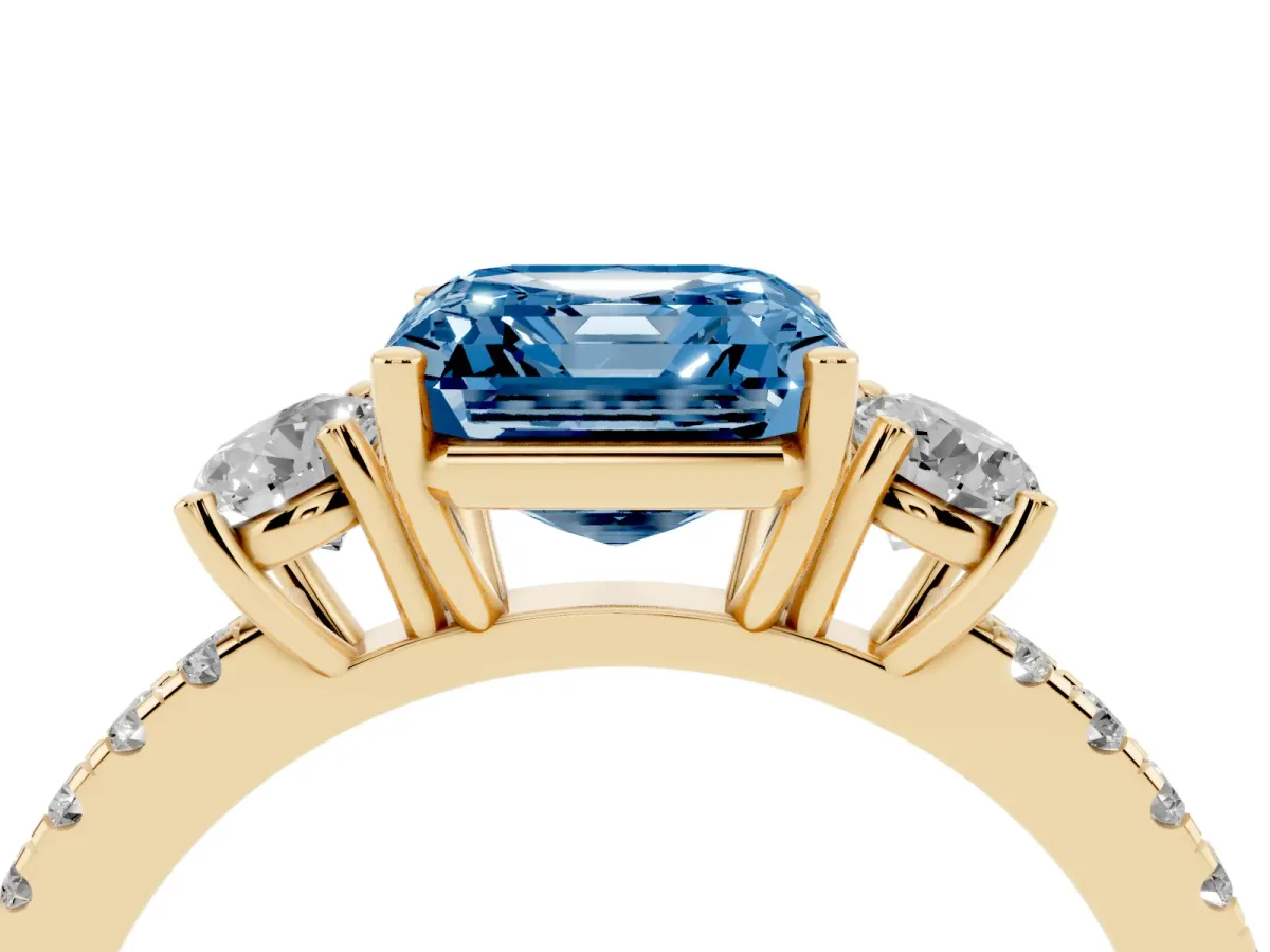 Fancy Blue Three-Stone Asscher Cut Cut Diamond Pavé Band with Prong Setting Yellow gold