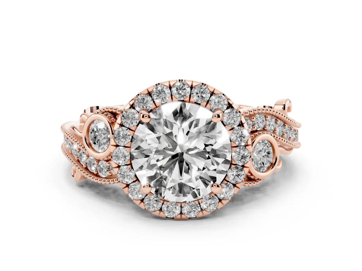 Round Cut Halo Diamond Ring with Milgrain and Bezel Accents on a Split Shank Band Rose gold