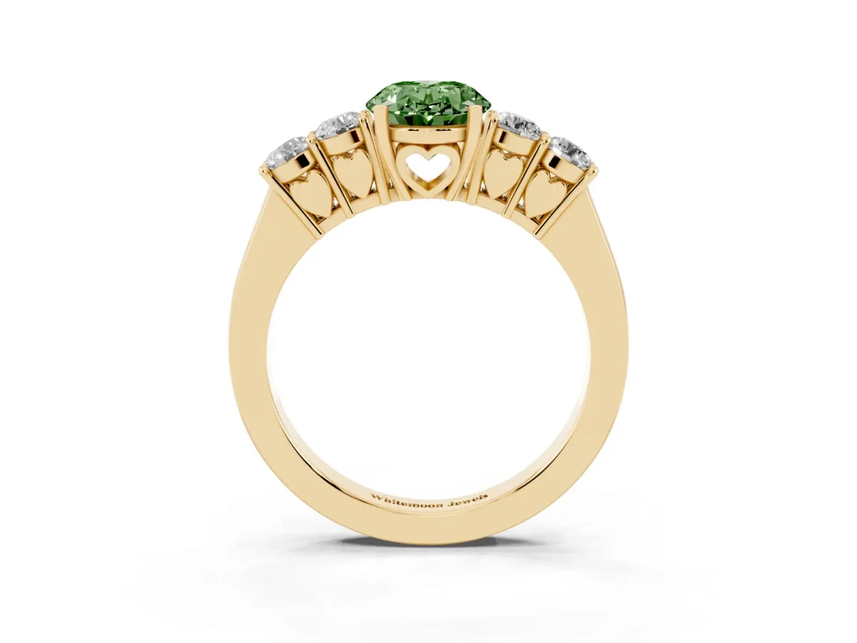 Fancy Green Oval Cut Cut Diamond Five-Stone Prong Set White Gold Ring Yellow gold