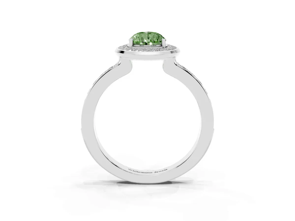 Fancy Green Pear Cut Diamond Halo Ring with Bezel Frame and Pavé Band Silver