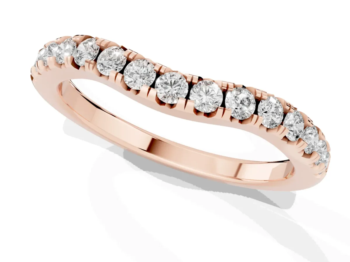 Round Diamond Curved Pavé Wedding Band with Shared Prong Setting Rose gold