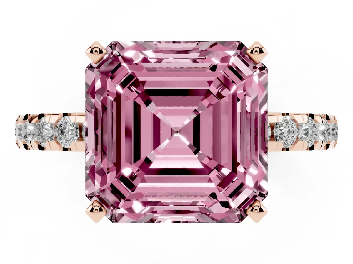 Fancy Pink Asscher Cut Diamond Solitaire Ring with Round Pavé Band and Four-Prong Setting Rose gold