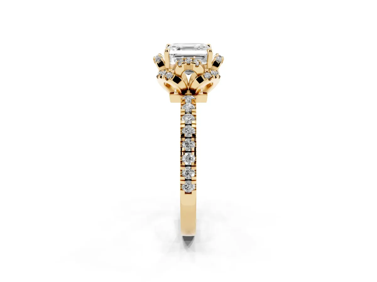 Asscher Cut Halo Diamond Pave Band Ring with Four-Prong Setting Yellow gold