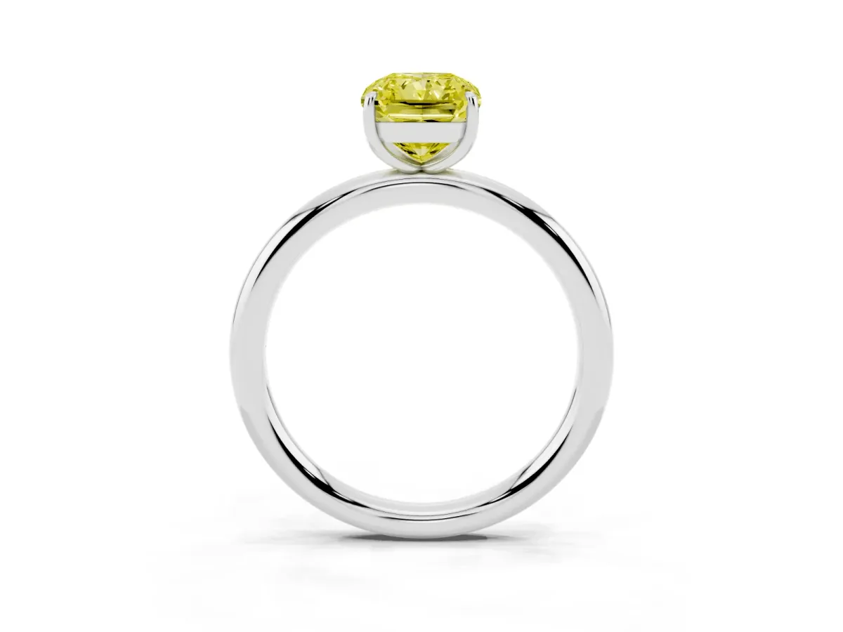 Fancy Yellow Radiant Cut Solitaire Diamond Ring with Four-Prong Setting on a Plain Band Platinum