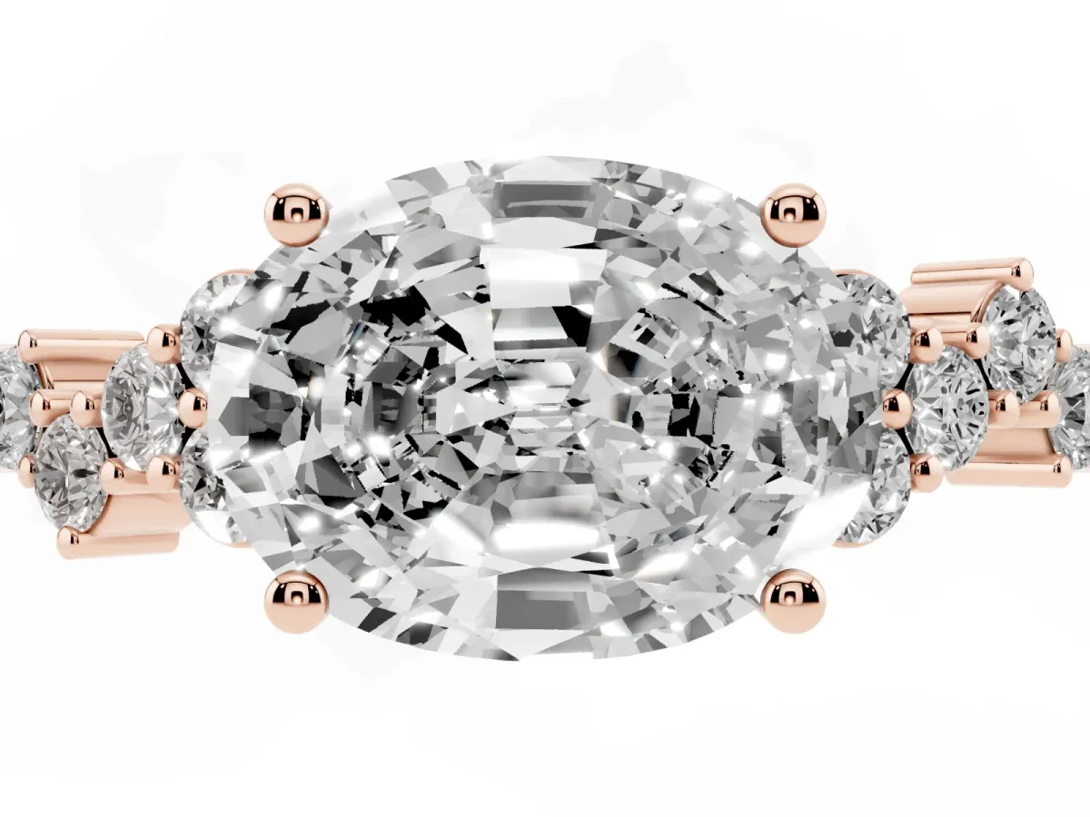 Oval Cut Diamond Scattered Round Accent Ring with Prong Setting Rose gold