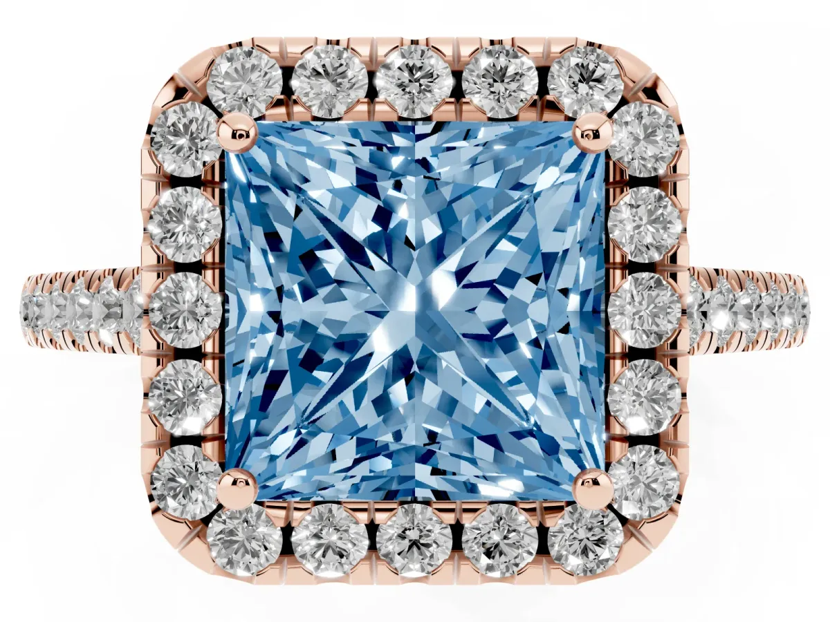 Fancy Blue Princess Cut Halo Pavé Diamond Engagement Ring with Four-Prong Setting Rose gold